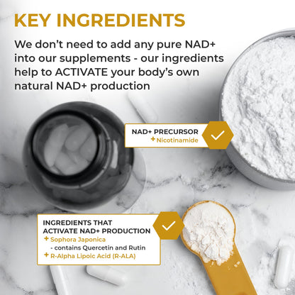 Nuchido Time+ NAD Supplement for Men & Women - Advanced Formula for Healthy Aging, Energy, Focus, Cellular Health & Longevity - Nicotinamide, Alpha Lipoic Acid, Quercetin - 90 Capsules Nuchido Time+Buy Supplements Australia