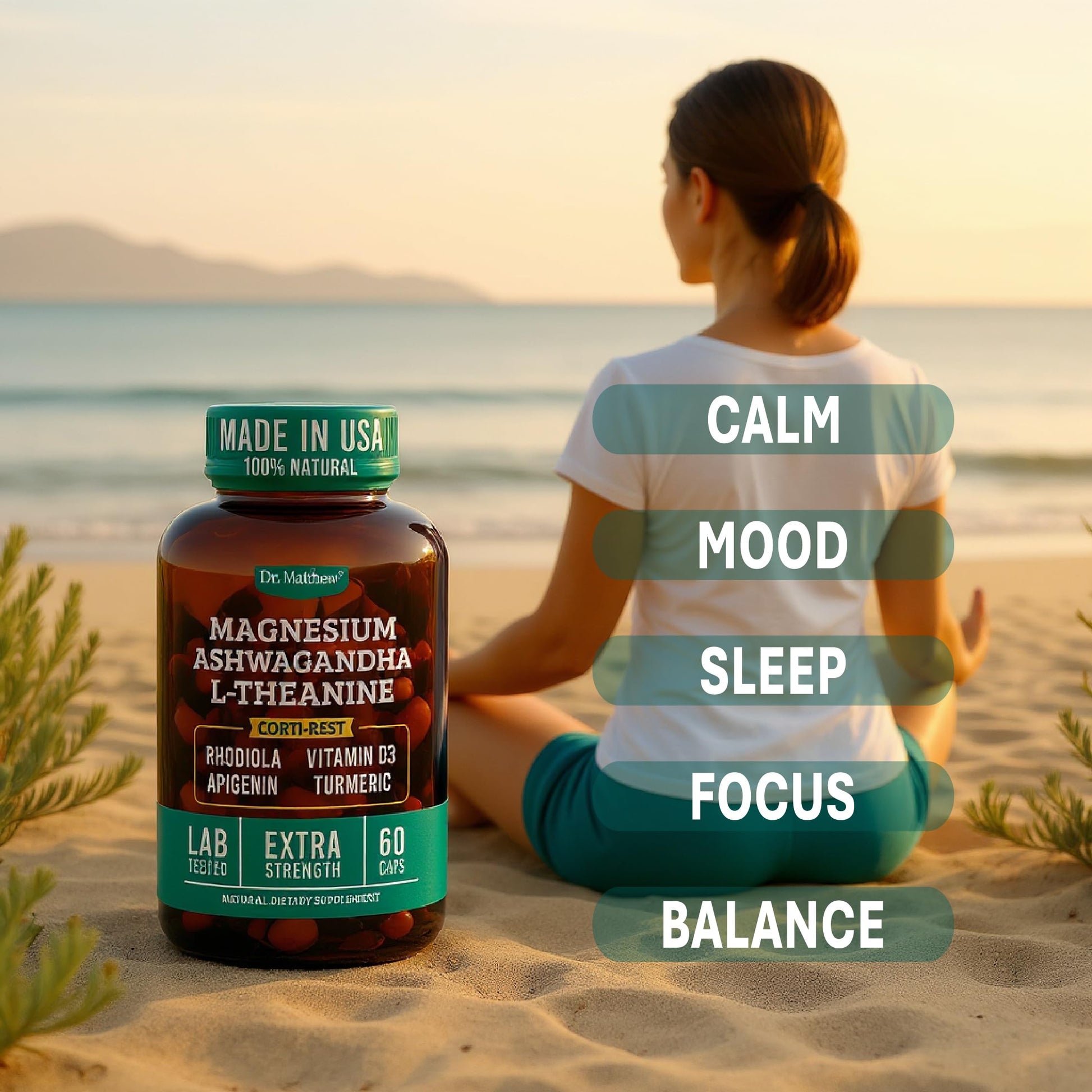 Cortisol Reducer & Adrenal Support Supplement–Natural Stress Relief with Ashwagandha KSM-66, Magnesium Glycinate & Citrate, L-Theanine, Rhodiola, Apigenin, Turmeric & Vitamin D3–Calm Mood & Relaxation Dr. MatthewBuy Supplements Australia