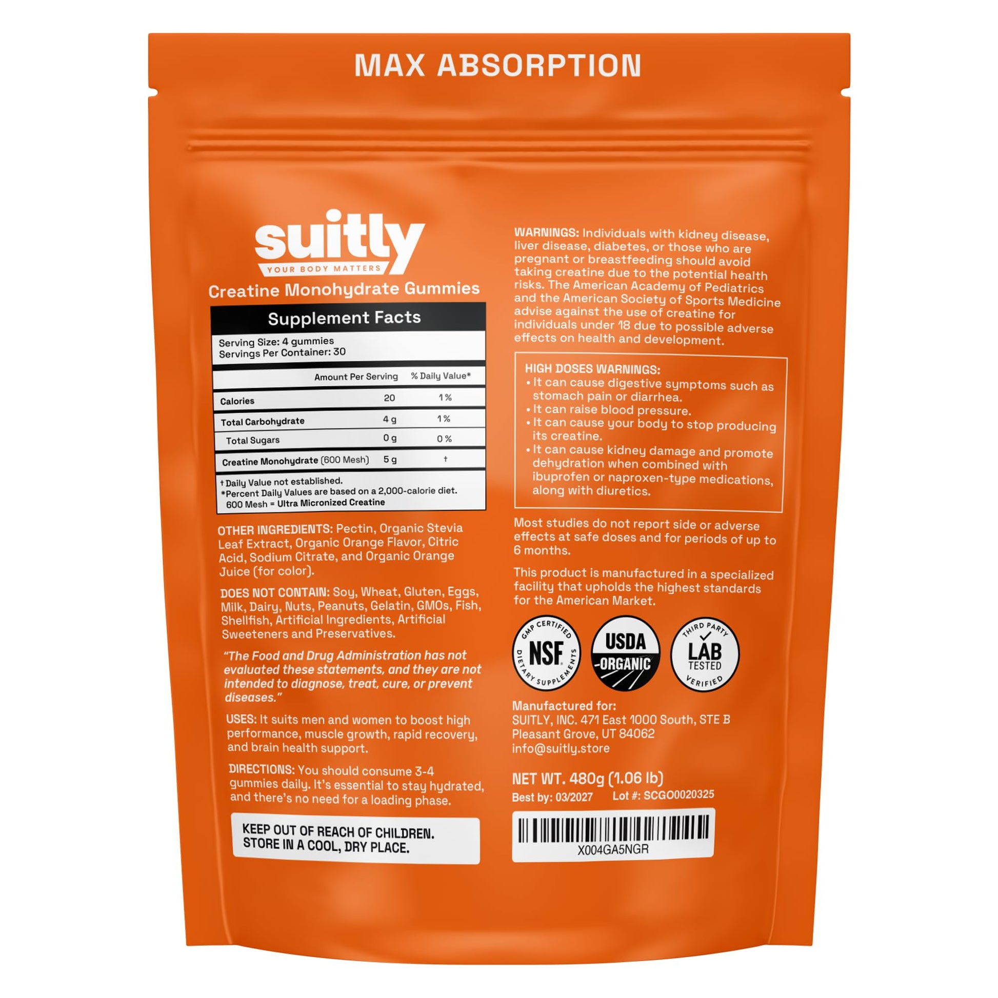 USDA Organic Ultra-Micronized Creatine Gummies for Men & Women; Orange Max Absorption 5g Creatine Gummies Sugar Free for Muscle Gain, Energy & Recovery; Muscle Builder for Women with Pouch - 120 Count SuitlyBuy Supplements Australia