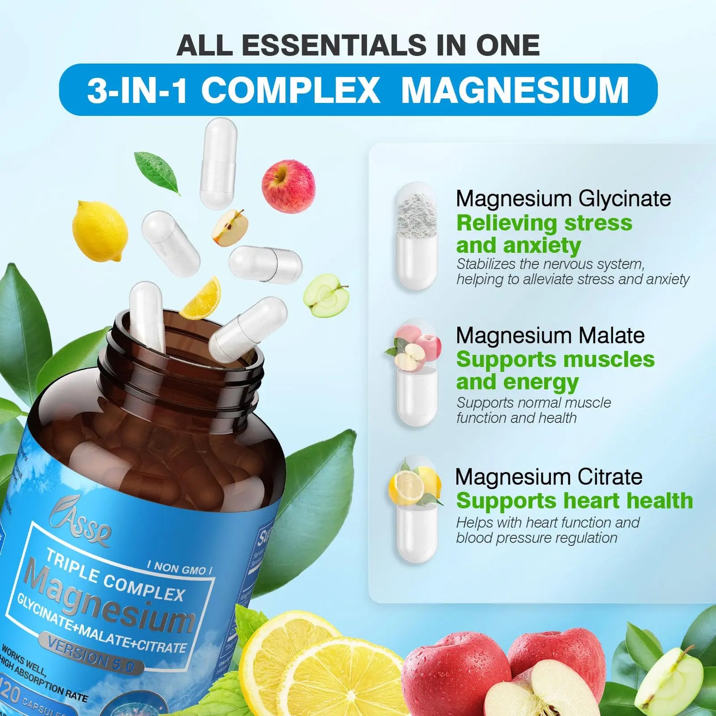 ASSR Triple Magnesium Complex – 300mg Magnesium Supplement with Glycinate, Malate & Citrate – Supports Relaxation, Muscle & Nerve Function ASSR
