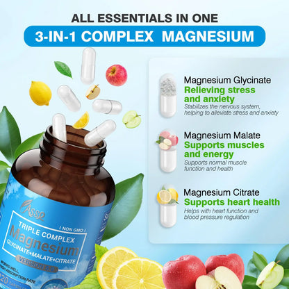 ASSR Triple Magnesium Complex – 300mg Magnesium Supplement with Glycinate, Malate & Citrate – Supports Relaxation, Muscle & Nerve Function ASSR