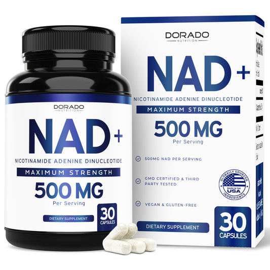 Dorado NAD+ supplement bottle and packaging on a white background