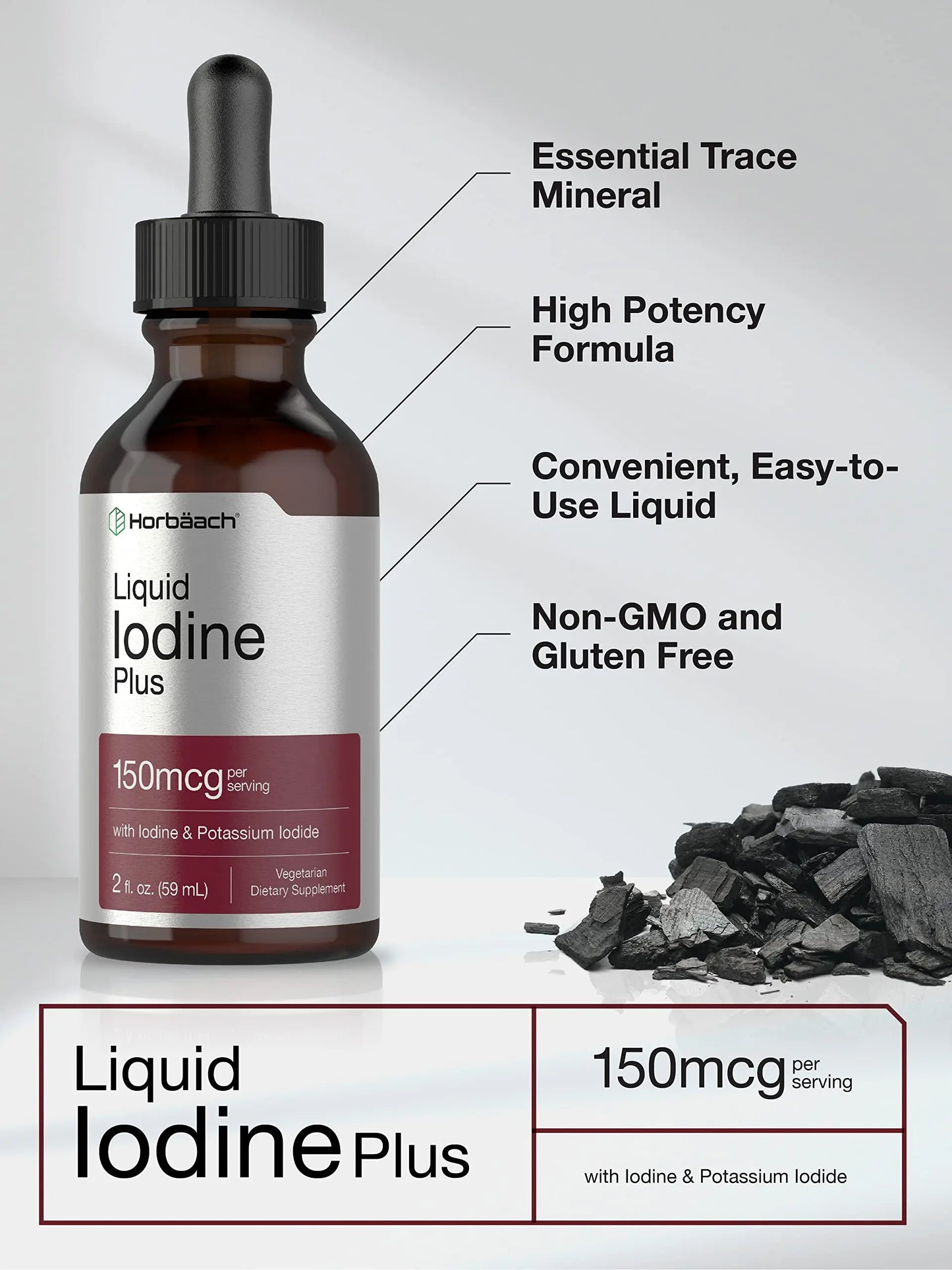 Liquid Iodine Solution Drops | 2 fl oz | 150 mcg | Iodine & Potassium Iodide Supplement Horbäach