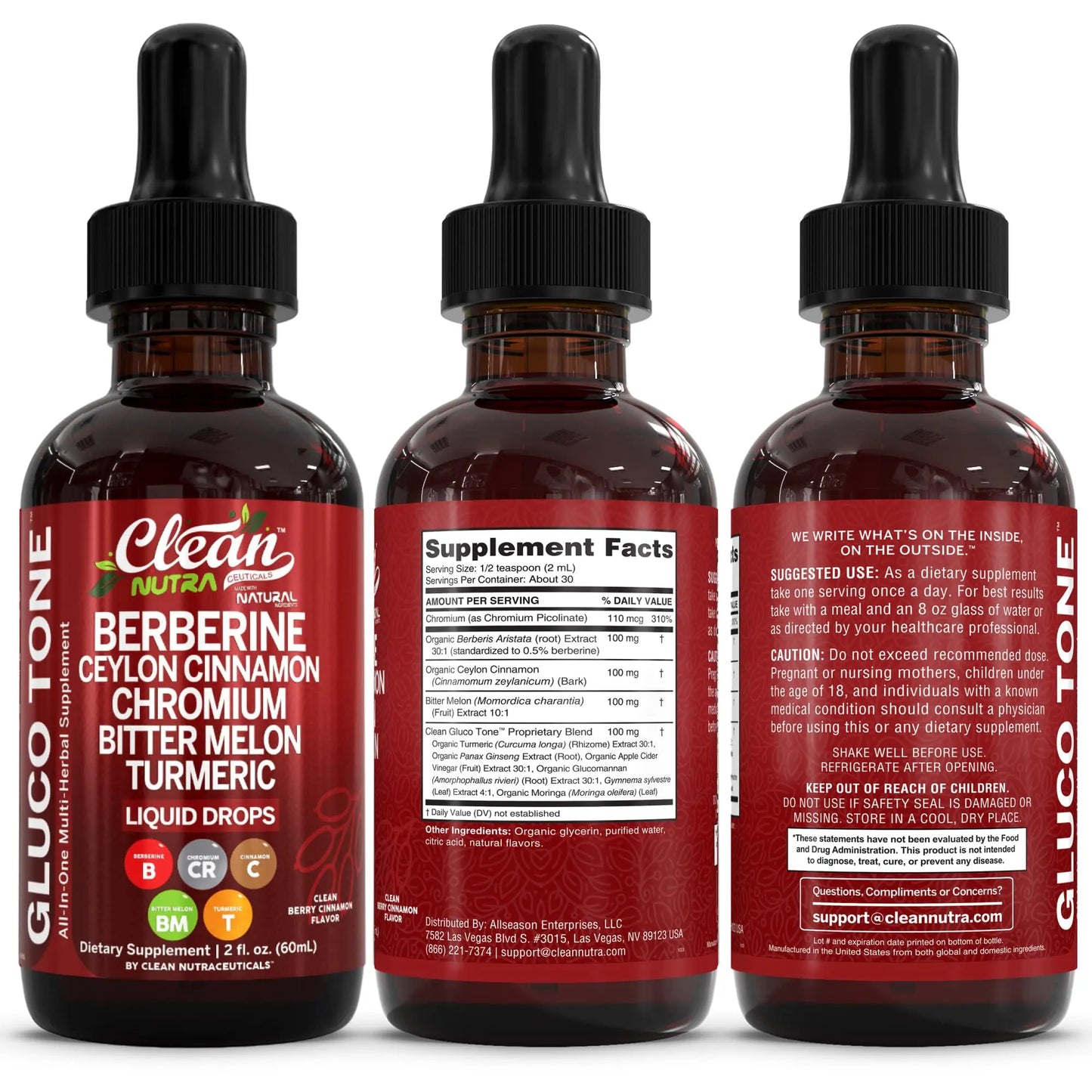 Clean Nutra Berberine with Ceylon Cinnamon Supplement Liquid Drops + Bitter Melon Extract, Glucomannan, Gymnema, Chromium Clean Nutraceuticals