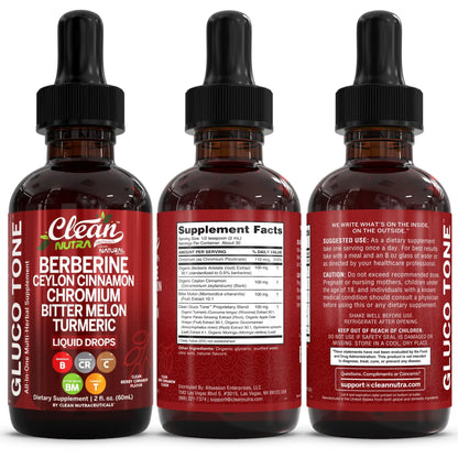 Clean Nutra Berberine with Ceylon Cinnamon Supplement Liquid Drops + Bitter Melon Extract, Glucomannan, Gymnema, Chromium Clean Nutraceuticals