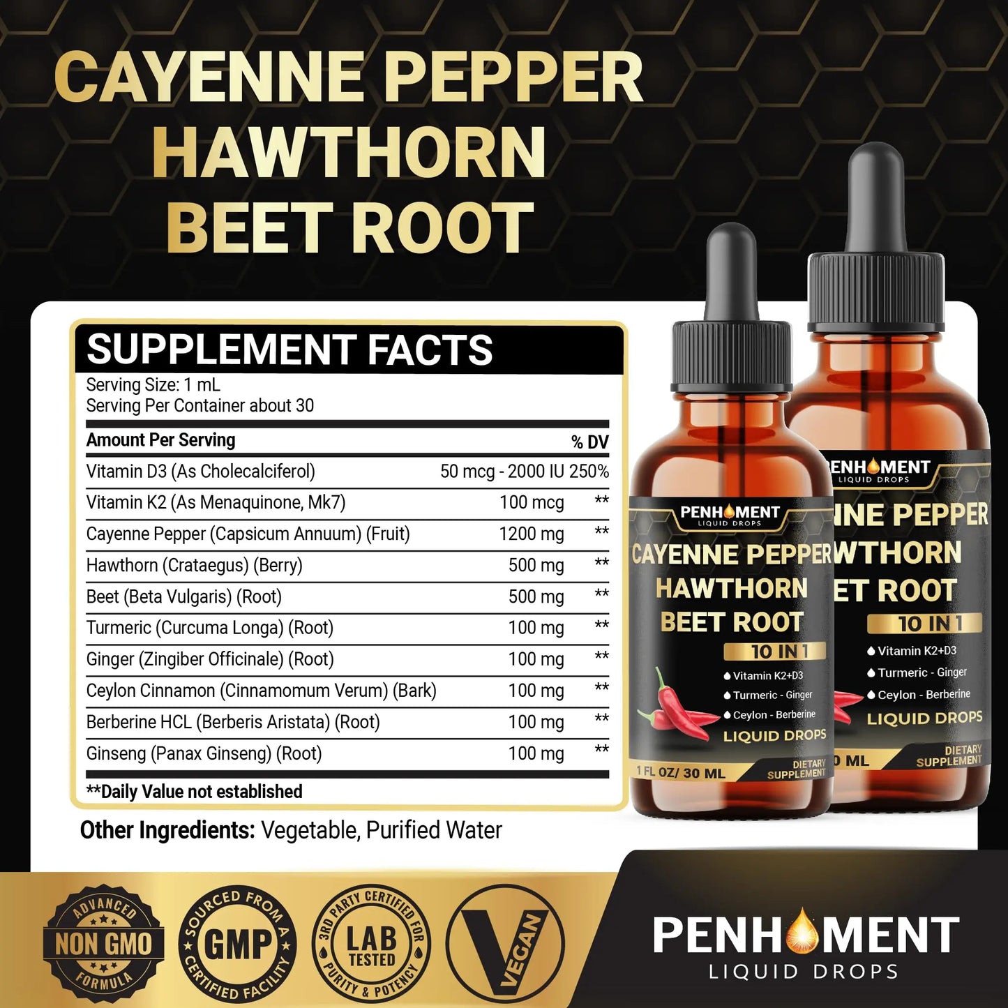 Penhoment 2 Packs - 2700 mg 10in1 Cayenne Pepper Liquid Drops with Hawthorn Berry, Vitamin D3 K2, Beet Root, Ginger Turmeric, Ginger, Ceylon Cinnamon, Berberine, and Ginseng - 2 Months Penhoment buy supplements Au