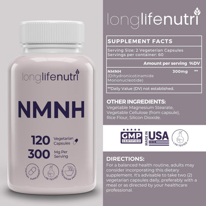 LongLifeNutri NMNH 300mg (Dihydronicotinamide Mononucleotide) - 120 Vegan Capsules, 2-Month Supply, NMN Alternative, NAD Supplement for Energy & Longevity, Lab Tested, Made in USA LongLifeNutriBuy Supplements Australia