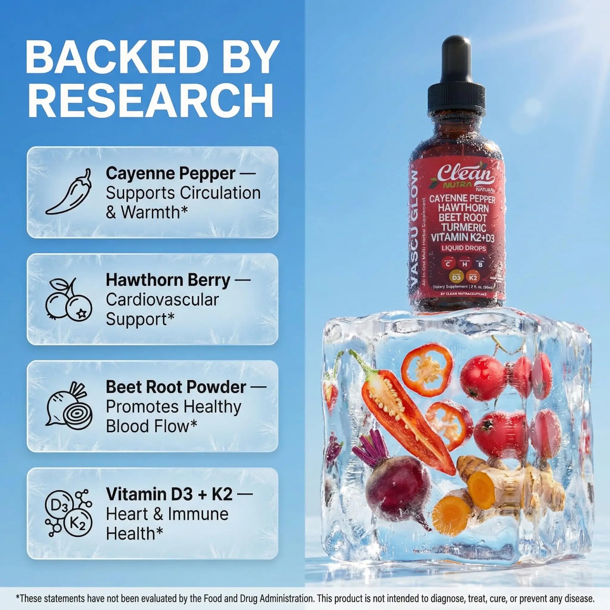 Clean Nutra Cayenne Pepper Drops Supplement Liquid + Hawthorn Berry, Vitamin D3 K2 Beet Root Powder, Ceylon Cinnamon, Turmeric Curcumin Clean Nutraceuticals