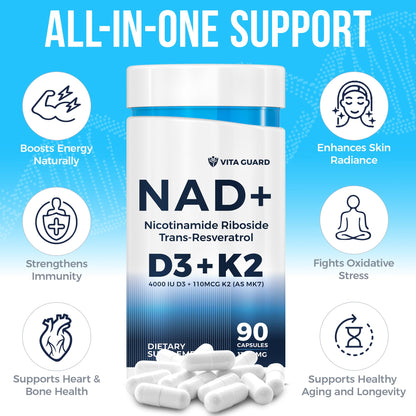 Anti-Aging Energy NAD Supplement – NMN Alternative with Nicotinamide Riboside 1000mg, Trans-Resveratrol 300mg, Vitamin D3 4000 IU and K2 110 mcg MK7 – Vegetarian 60 Capsules, 1300mg Vita GuardBuy Supplements Australia