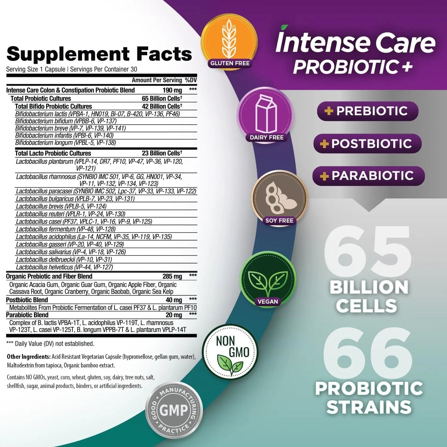 Vital Planet - Intense Care Colon & Constipation Probiotics Plus Organic Prebiotics, Postbiotics, Parabiotics, Complete 4-in-1 Health Supplement for Adults, 65 Billion CFU, 66 Strains, 30 ct Vital PlanetBuy Supplements Australia