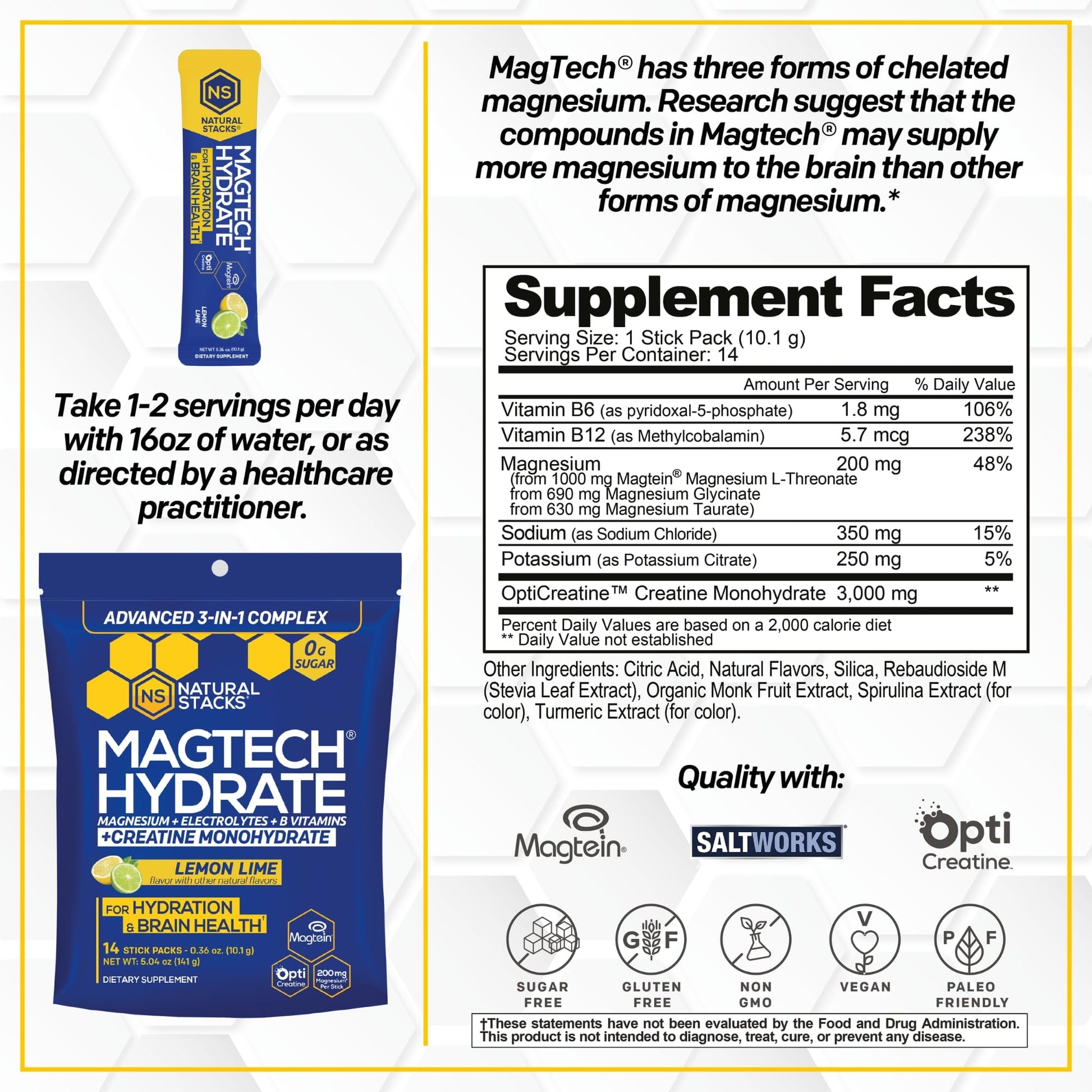 NATURAL STACKS Magtech Magnesium Hydrate + Creatine - Sugar Free Electrolyte Drink - Magtein Magnesium L-Threonate, Glycinate & Taurate - Supports Hydration & Cellular Energy - 14 Hydration Packets NATURAL STACKSBuy Supplements Australia
