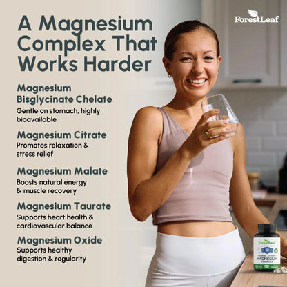 ForestLeaf Magnesium Complex for Women and Men - 500mg Magnesium Supplement for Sleep - 5-in-1 Chelated Magnesium Citrate, Bisglycinate, Malate, Taurate, Oxide (120 Ct) ForestLeaf buy supplements Au