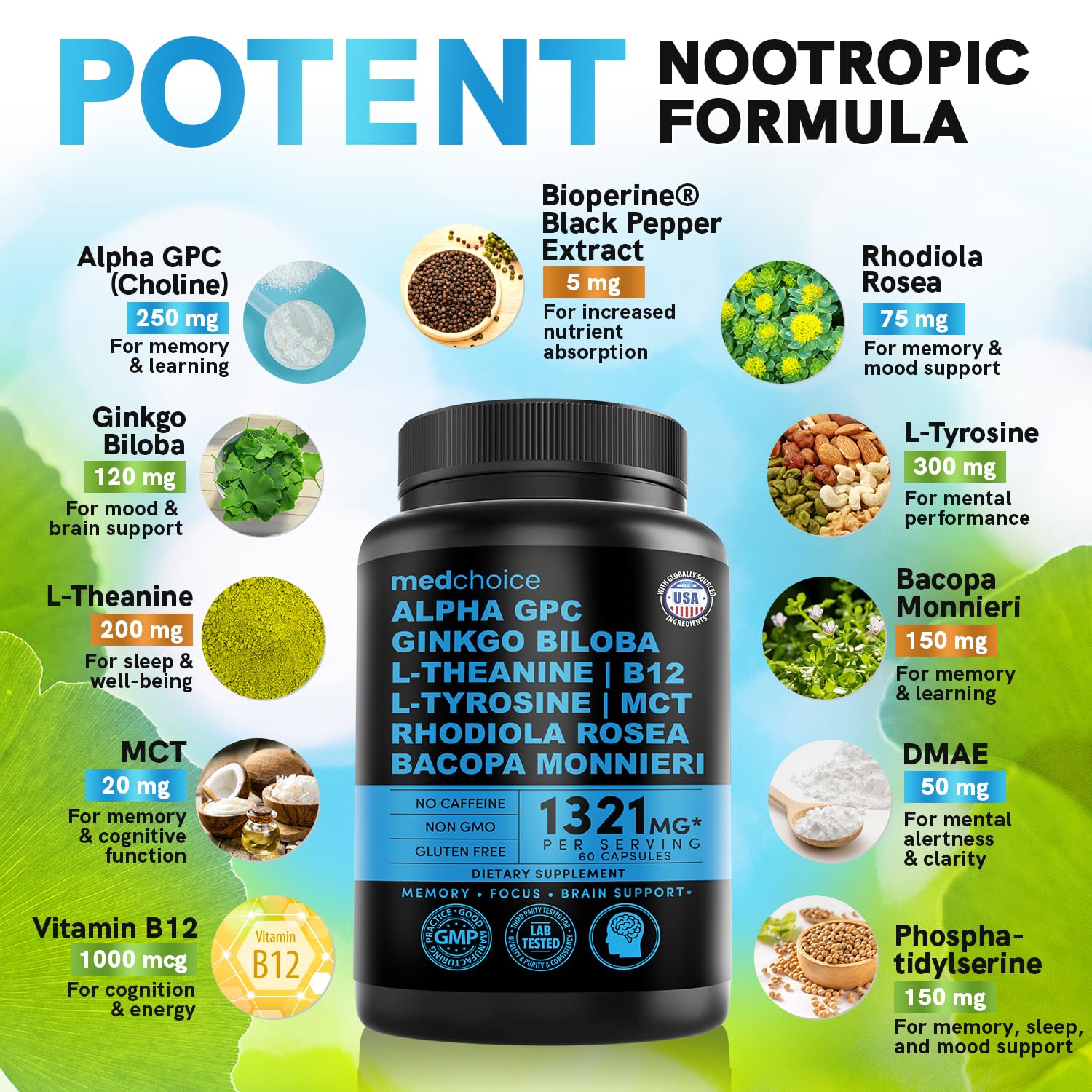 12-in-1 Nootropic Brain Supplement Anhydrous: Ginkgo Biloba for Brain Support, Memory and Focus - B12, Alpha GPC, L Theanine and Choline Supplements with Bioperine non Caffeinated 1321mg (120ct) MEDCHOICEBuy Supplements Australia