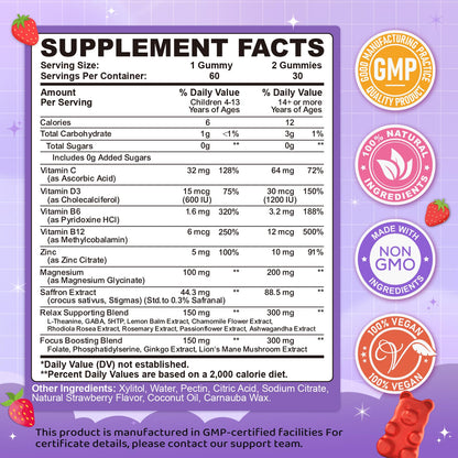 Saffron Gummies for Kids & Adults, 20-in-1 Saffron Supplements with 88.5mg Saffron Extract, B6, B12, C, D3, Magnesium for Calm, Focus, Nerve, Sugar Free, Vegan