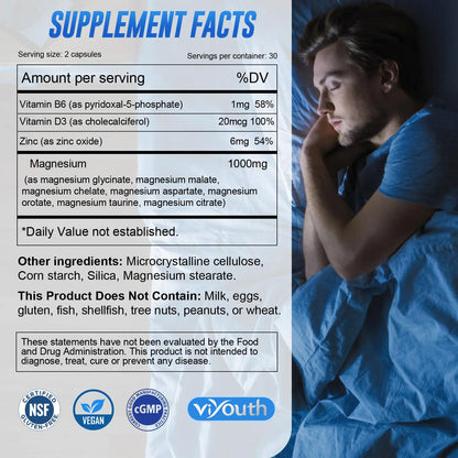 Magnesium 7 Complex Supplement Advanced with 7 Forms of Magnesium (Glycinate, Malate, Chelate, Aspartate, Orotate, Taurine, Citrate), Zinc, Vitamin D3 & Vitamin B6 VIYOUTH