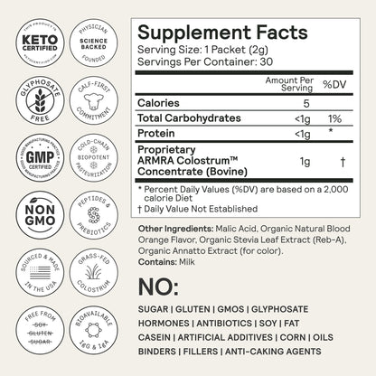 ARMRA Colostrum™ Premium Powder, Grass Fed, Gut Health Bloating Immunity Skin & Hair, Contains 400+ Bioactive Nutrients, Potent Bioavailable, Keto, Gluten & Fat Free (Blood Orange 30｜Blood Orange 60) ARMRABuy Supplements Australia