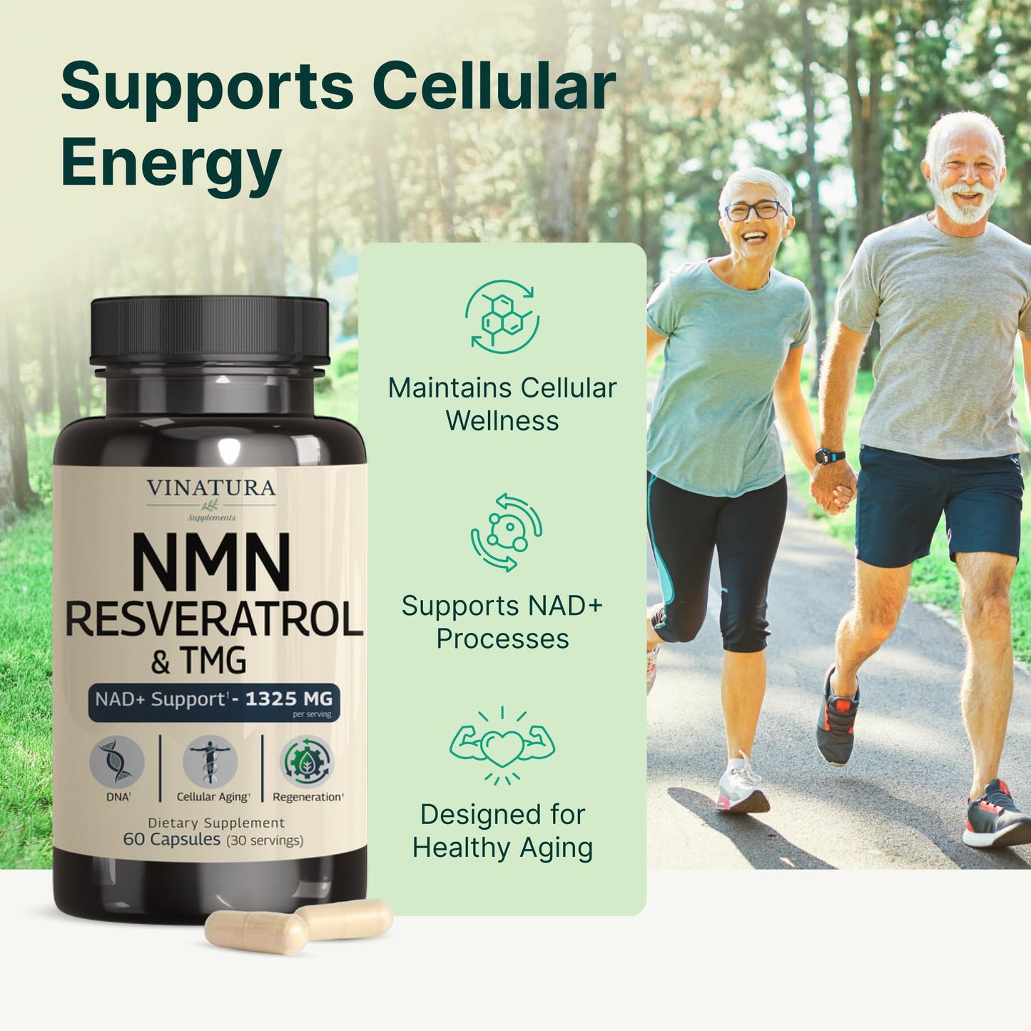 VINATURA NMN Complex Supplement 1325MG - NMN 1000mg with Resveratrol and TMG, Support NAD+, 60 Capsules VINATURABuy Supplements Australia