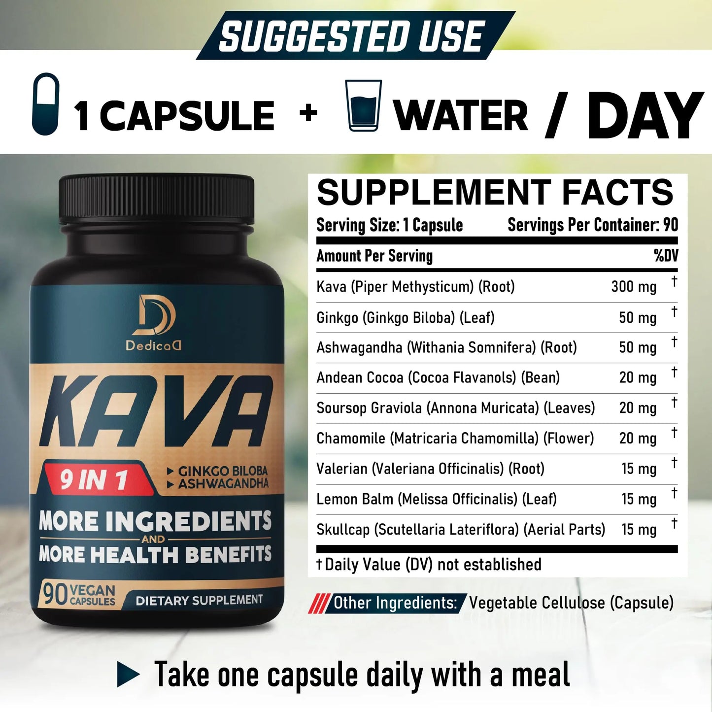 DEDICAD Kava Kava Capsules - 3 Month Supply - 9 Herbs with Ginkgo Biloba, Ashwagandha Root, Andean Cocoa, Graviola Leaf, Chamomile, Valerian, Lemon Balm & Skullcap - Support Mood & Immune - 90 Pills DEDICAD buy supplements Au