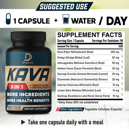 DEDICAD Kava Kava Capsules - 3 Month Supply - 9 Herbs with Ginkgo Biloba, Ashwagandha Root, Andean Cocoa, Graviola Leaf, Chamomile, Valerian, Lemon Balm & Skullcap - Support Mood & Immune - 90 Pills DEDICAD buy supplements Au