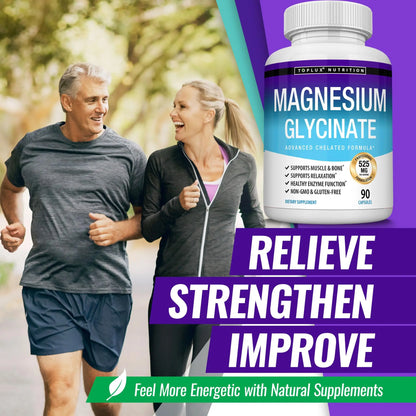 Magnesium Glycinate 525mg - High Absorption Chelated Magnesium Supplement Made with Pure Magnesium Glycinate - Supports Muscles, Sleep, Cramps, Recovery Bisglycinate Toplux