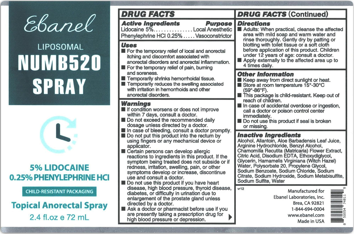 Ebanel 5% Lidocaine Spray Pain Relief Numb520 Burn Itch Relief Numbing Spray for Skin, Topical Anesthetic Postpartum Hemorrhoid Treatment with Phenylephrine for Local and Anorectal Uses EBANEL LABORATORIES buy supplements Au