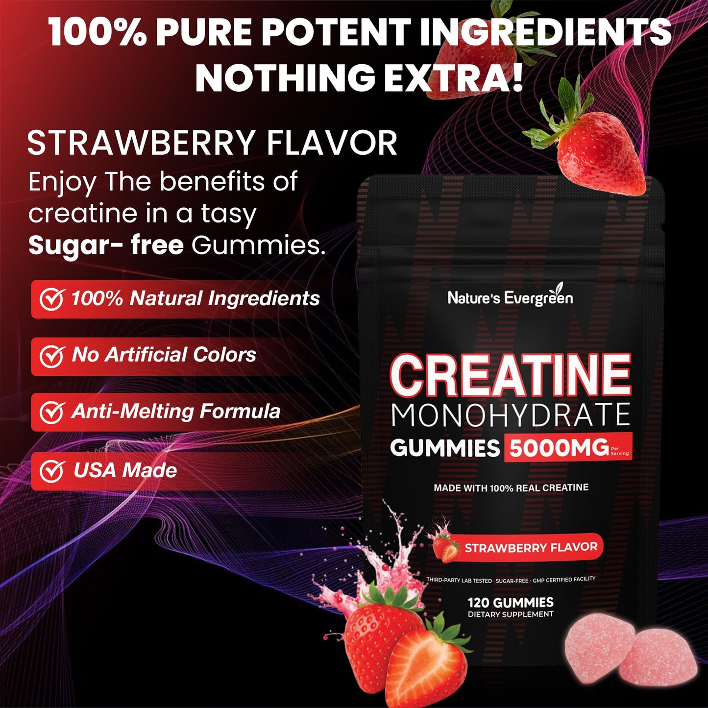 Creatine Monohydrate 5000mg Gummies, Pre-Workout 5g Creatine Gummy Supplement for Men & Women: Muscle Builder & Energy Boost, Sugar Free, Vegan, Strawberry Flavor, (120 Count) Made in USA Nature's EvergreenBuy Supplements Australia