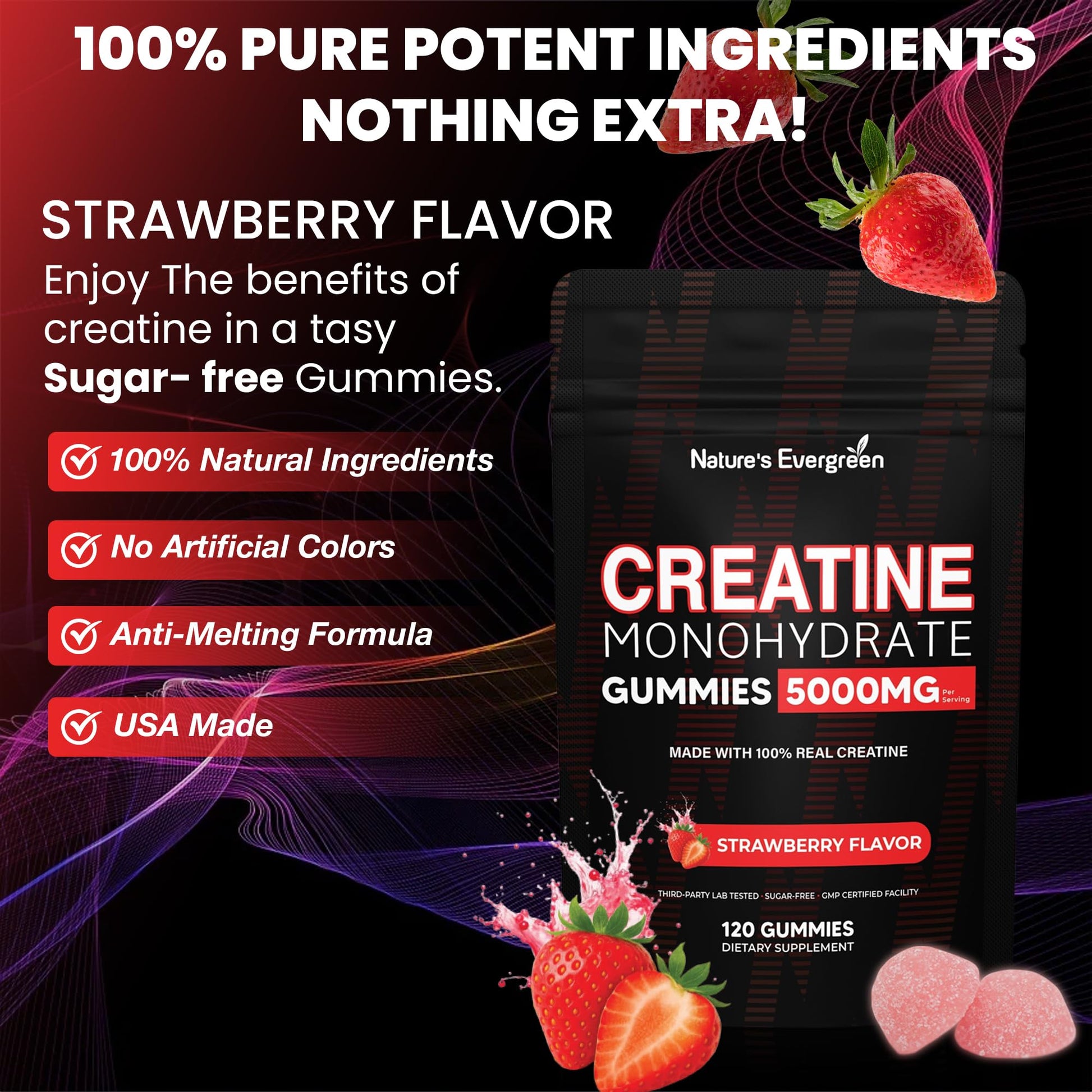 Creatine Monohydrate 5000mg Gummies, Pre-Workout 5g Creatine Gummy Supplement for Men & Women: Muscle Builder & Energy Boost, Sugar Free, Vegan, Strawberry Flavor, (120 Count) Made in USA Nature's EvergreenBuy Supplements Australia