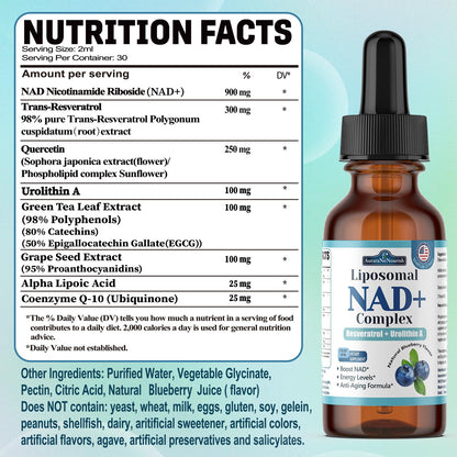 Liposomal NAD+ Liquid Drops, 8-in-1 NAD⁺ Nicotinamide Riboside Resveratrol 900mg w. Quercetin & Urolithin A | Fast Absorption NAD+ Supplement with CoQ10, ALA | Cellular Energy, Anti-Aging, Vitality AuraraNeNourishBuy Supplements Australia
