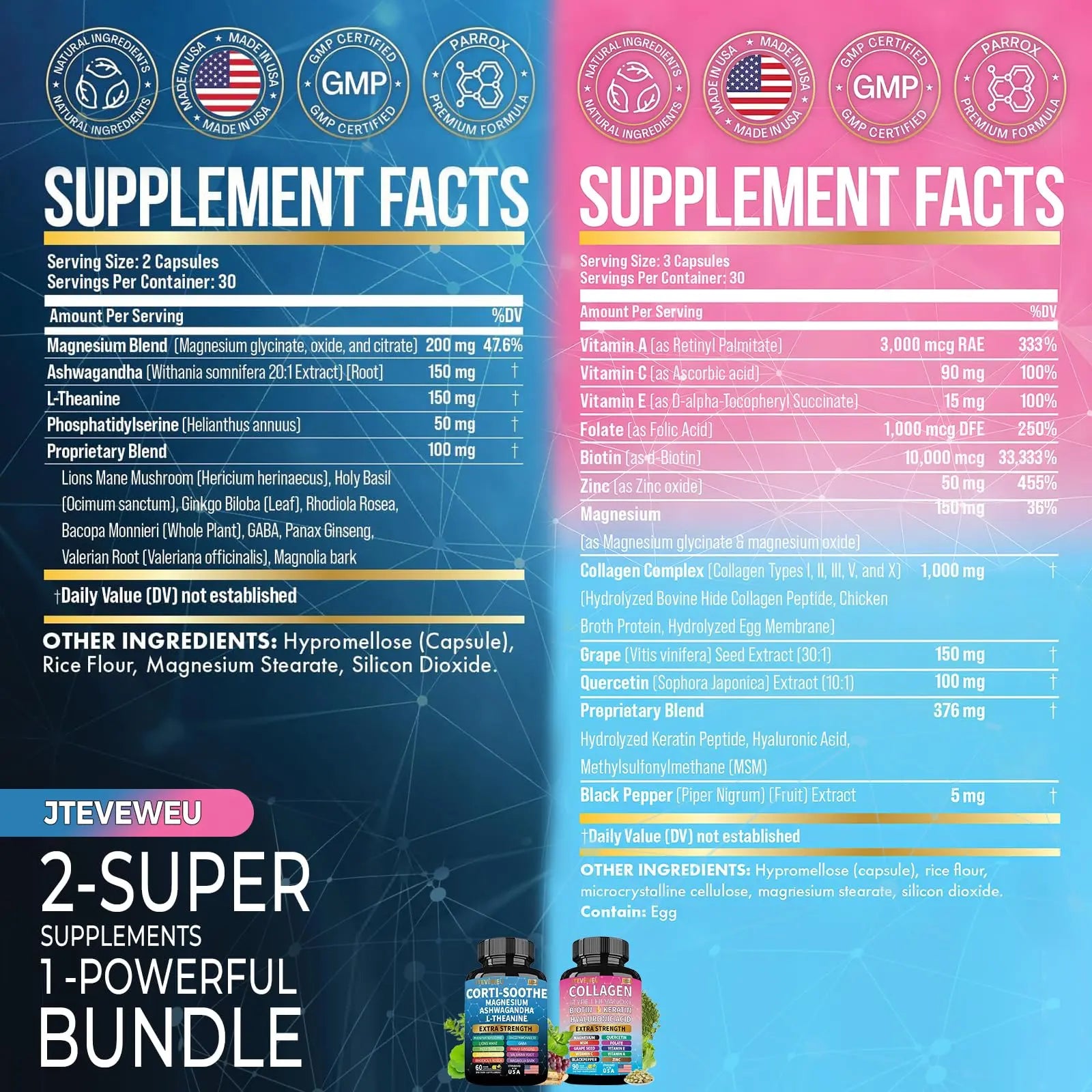 JTEVEweu Shining Serenity Set, Cortisol Support with Ashwagandha, L-Theanine, Magnesium, Lions Mane, GABA, Bacopa Monnieri, Collagen Biotin, Keratin, Hyaluronic Acid, Quercetin JTEVEweu buy supplements Au