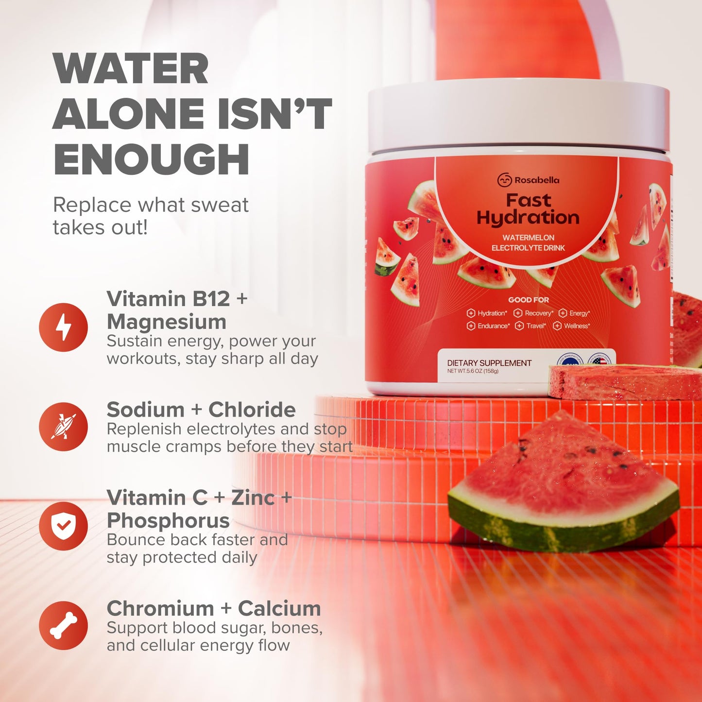 Rosabella Electrolyte Drink Powder – Watermelon – Sugar-Free Hydration Drink Mix – Electrolytes Powder with Sodium, Potassium, Magnesium, Calcium