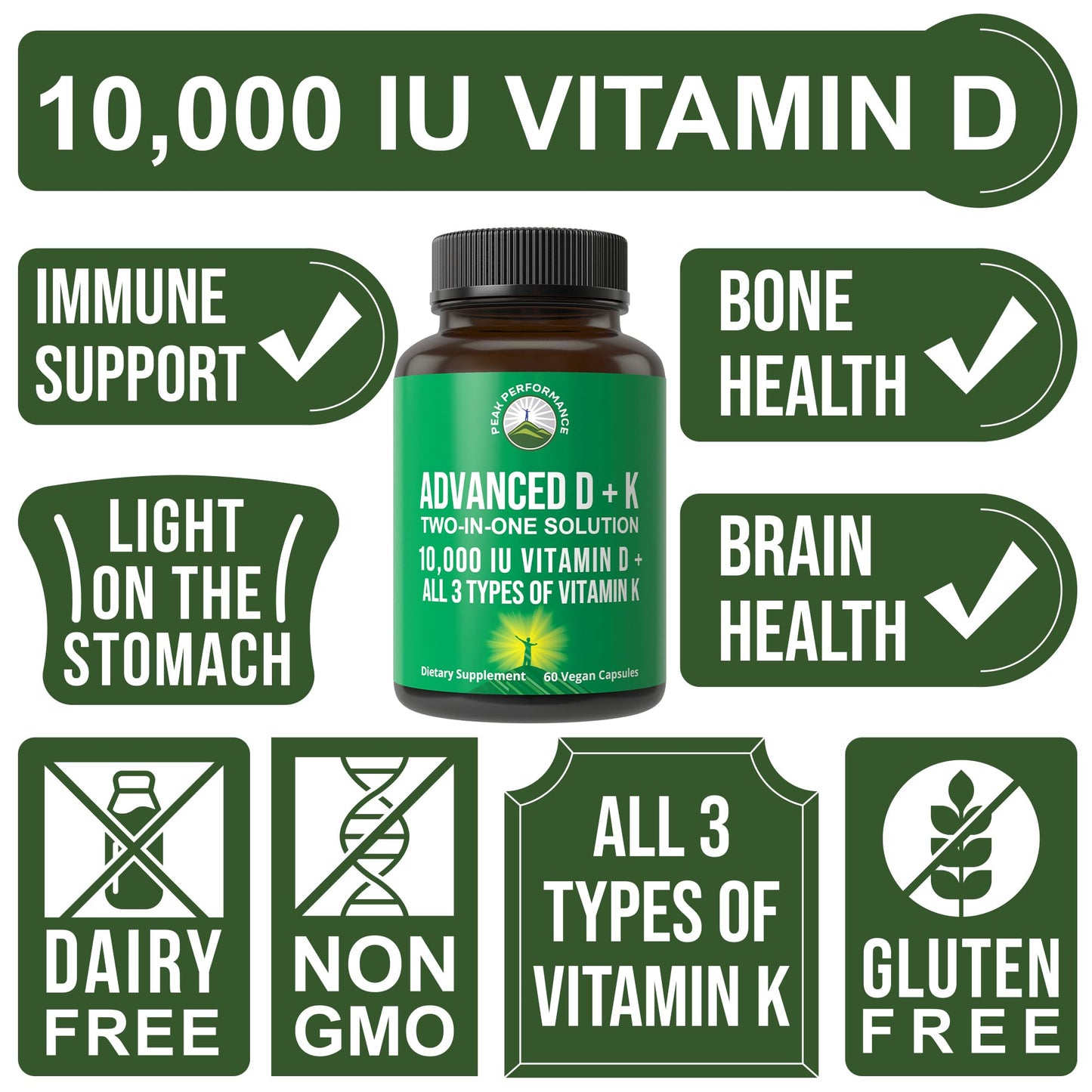 Peak Performance Advanced Vitamin D 10000 IU with All 3 Types of Vitamin K - 10,000 Vitamin D3 and Vitamin K2, K1, MK-7 (MK7), MK4 Capsules Supplement - 60 Small and Easy to Swallow Pills Peak PerformanceBuy Supplements Australia