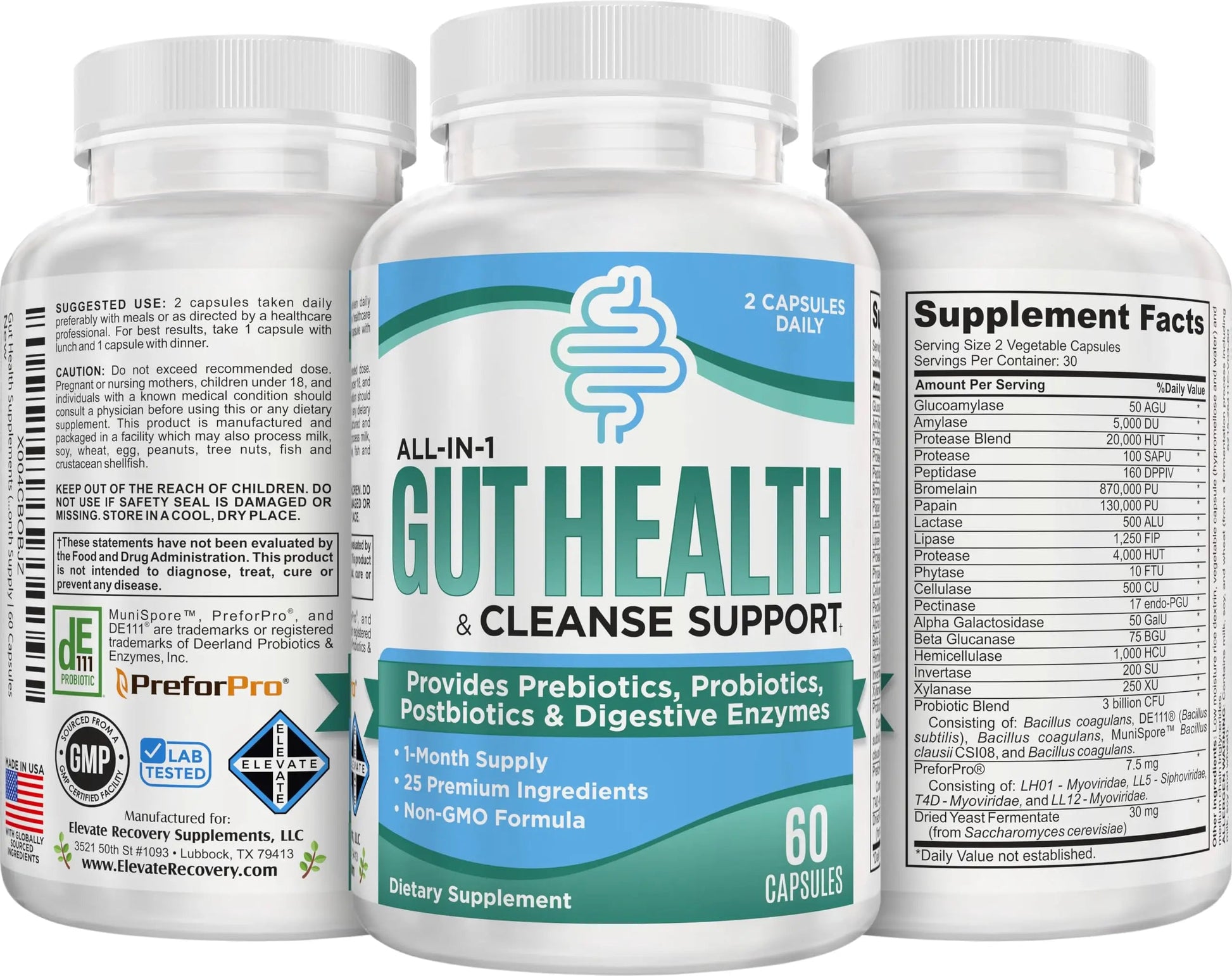 Gut Health Support Supplement (25-in-1) with Prebiotics, Probiotics, Postbiotics & Digestive Enzymes | Gut Supplements | 60 Capsules Elevate Recovery SupplementsBuy Supplements Australia