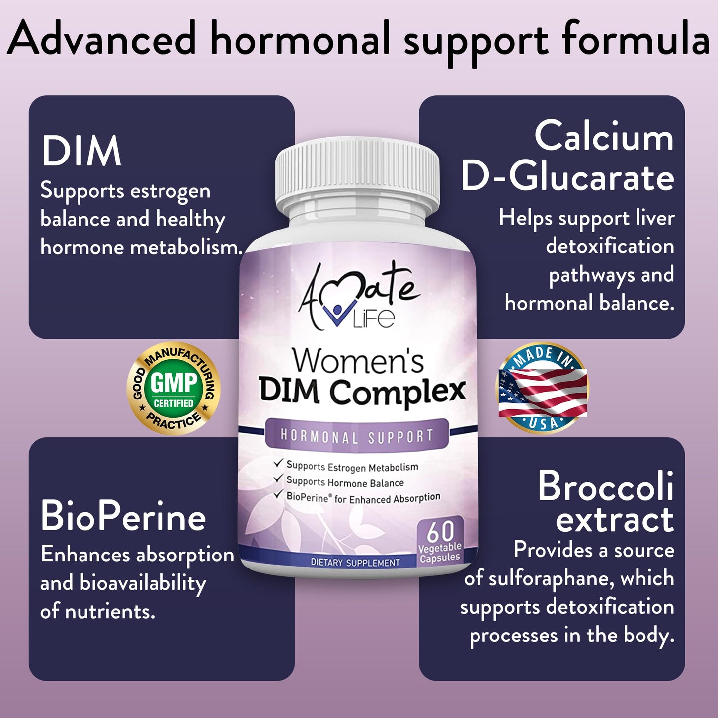 Women’s DIM Complex 150mg - Bioperine Estrogen Balancing Pills for Menopause & Hot Flashes Relief Amate Life