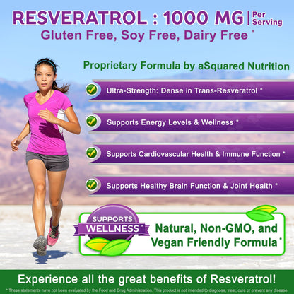 100% Natural Resveratrol - 1000mg Per Serving Max Strength (180 Capsules) Antioxidant Supplement, Trans-Resveratrol Pills
