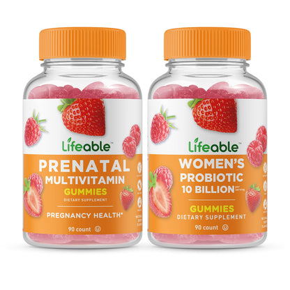 Lifeable Women's Prenatal Multivitamin + Probiotic 10 Billion, Gummies Bundle - Great Tasting Lifeable