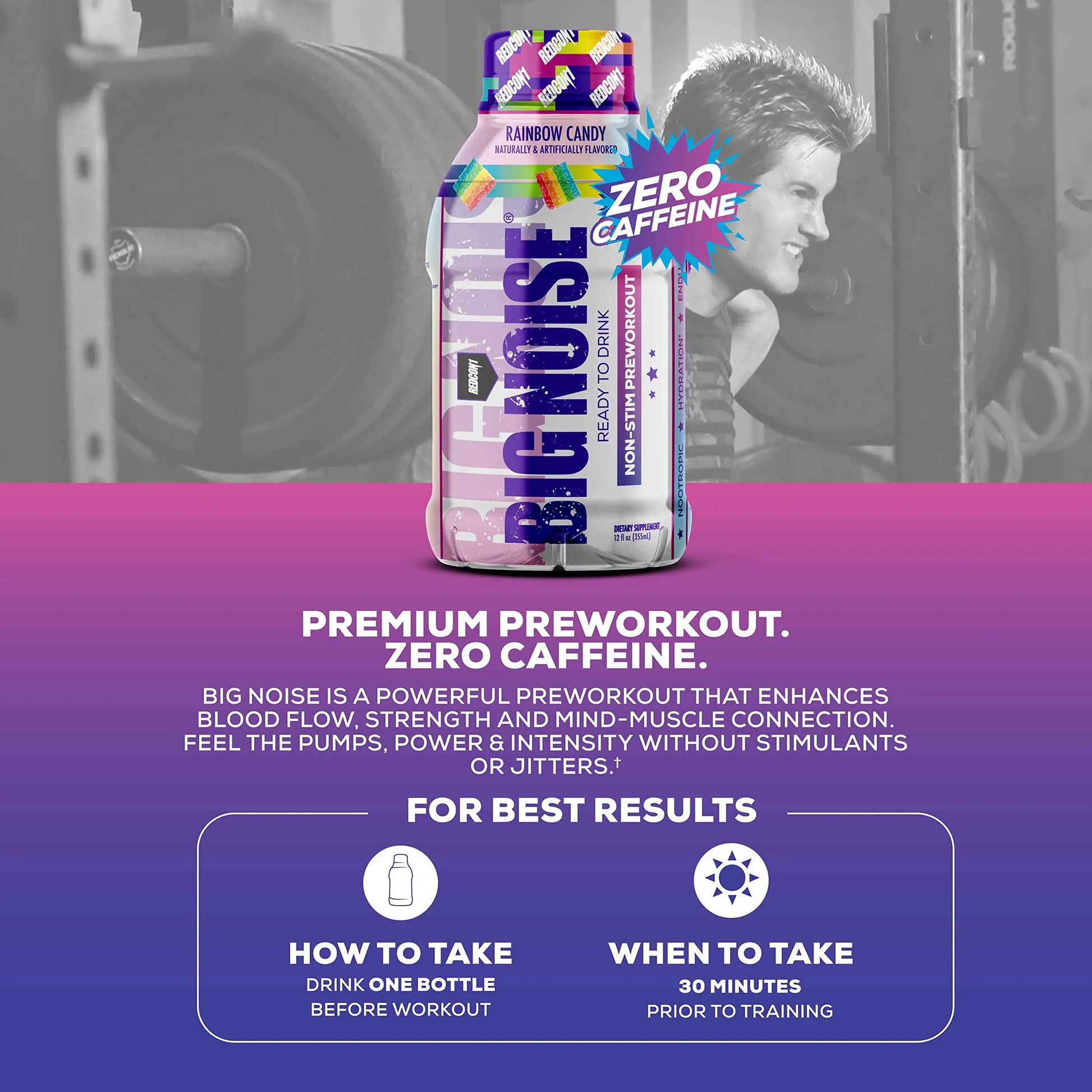 REDCON1 Big Noise RTD Pre Workout Drink, Rainbow Candy - Caffeine-Free Ready-to-Drink REDCON1