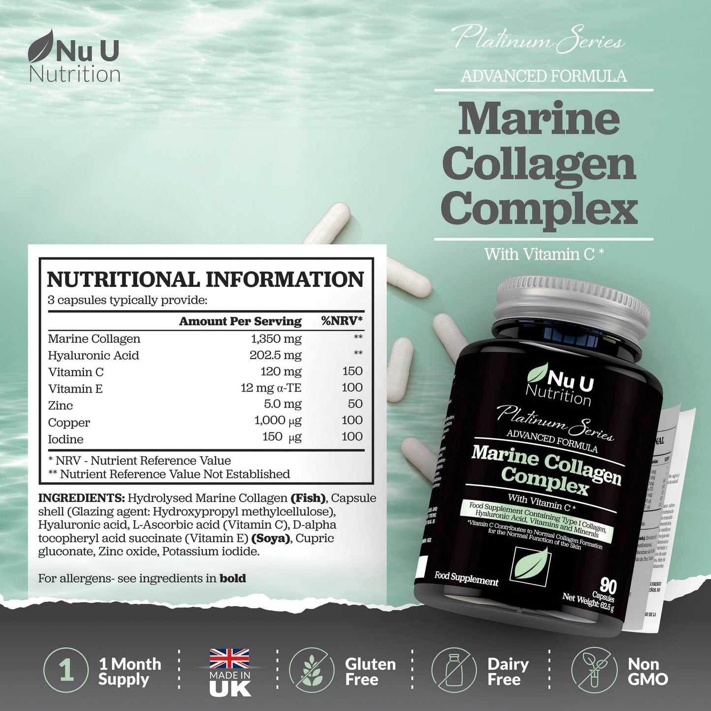 Marine Collagen with Hyaluronic Acid, Vitamin C - 90 Hydrolysed Capsules (not Tablets) - Premium High Strength Collagen Nu U NutritionBuy Supplements Australia