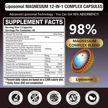 21 in 1 Liposomal 1400mg Magnesium Complex (Citrate, Glycinate, Malate etc) Capsule - 12 Active Types Magnesium with Vitamin D3, B6, B12, C, Ashwagandha & CoQ10 for Women & Men Gulapelst