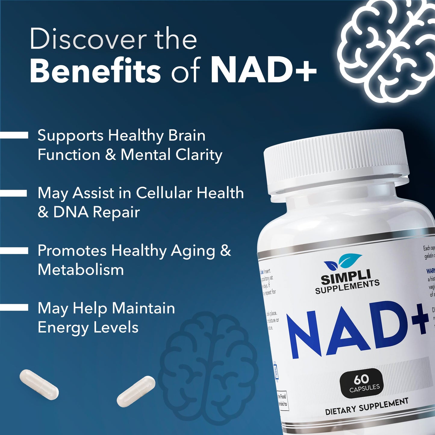 NAD Supplement for Anti-Aging and Cell Regeneration | NAD Booster 500mg Per Serving | NMN Supplement Alternative | Similar to Nicotinamide Riboside | 120 Capsules (2 Month Supply) Simpli SupplementsBuy Supplements Australia