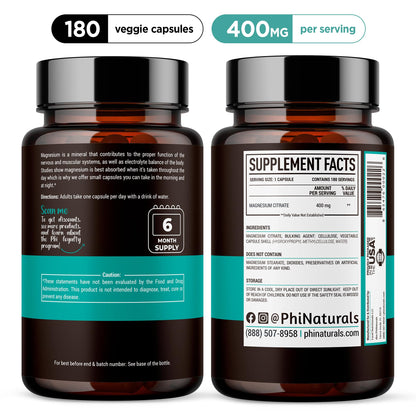 Magnesium Citrate Powder Capsules 400mg - 180 Count Veg Caps - PhiNaturals Supplements - Nervous System Support and Enzyme Function