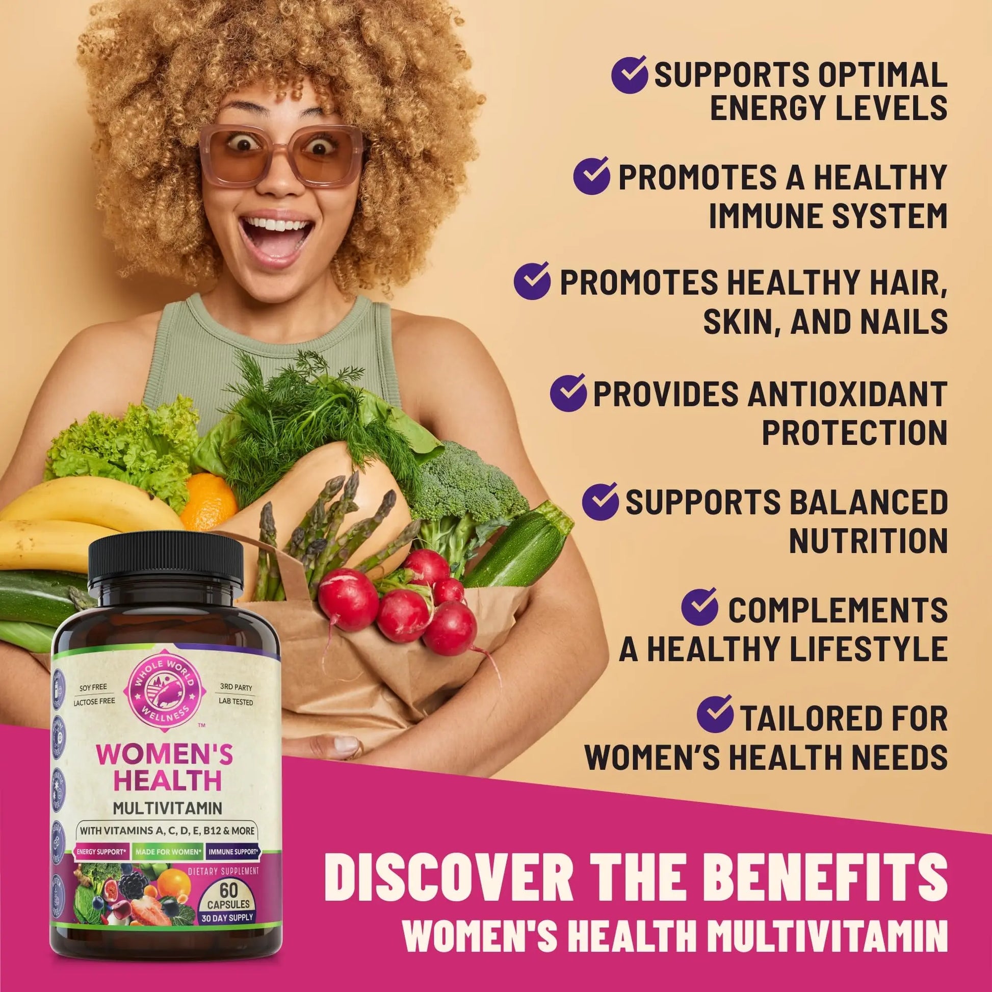 Womens Daily Multivitamins & Multimineral Supplement for Energy, Mood, Focus, Hair WHOLE WORLD WELLNESS