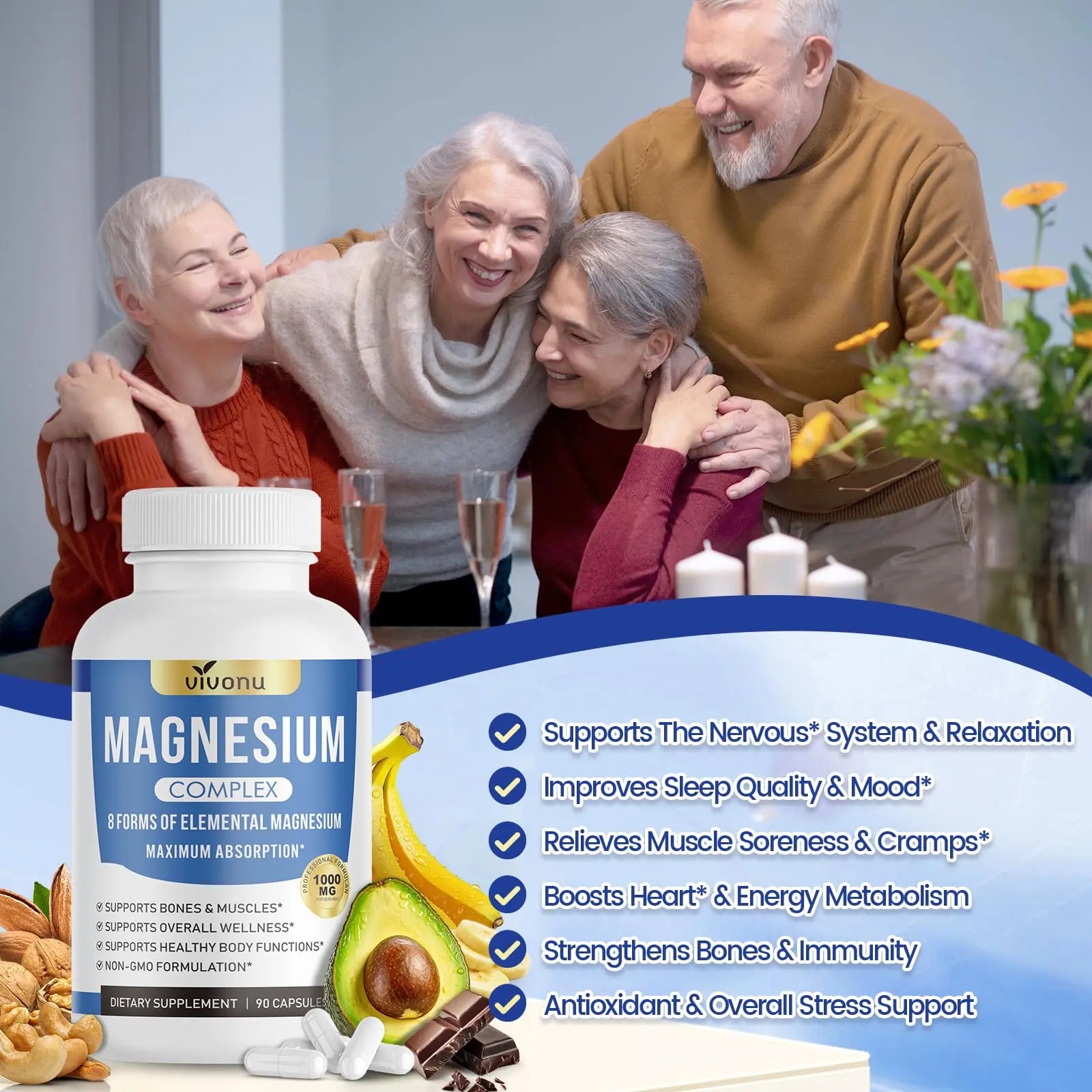 1000mg Magnesium Complex for Women & Men*, 8 Elemental with Magnesium Glycinate, Citrate, Malate, Taurate, Oxide, Carbonate, Aspartate, Orotate for Bones, Muscle VivoNu