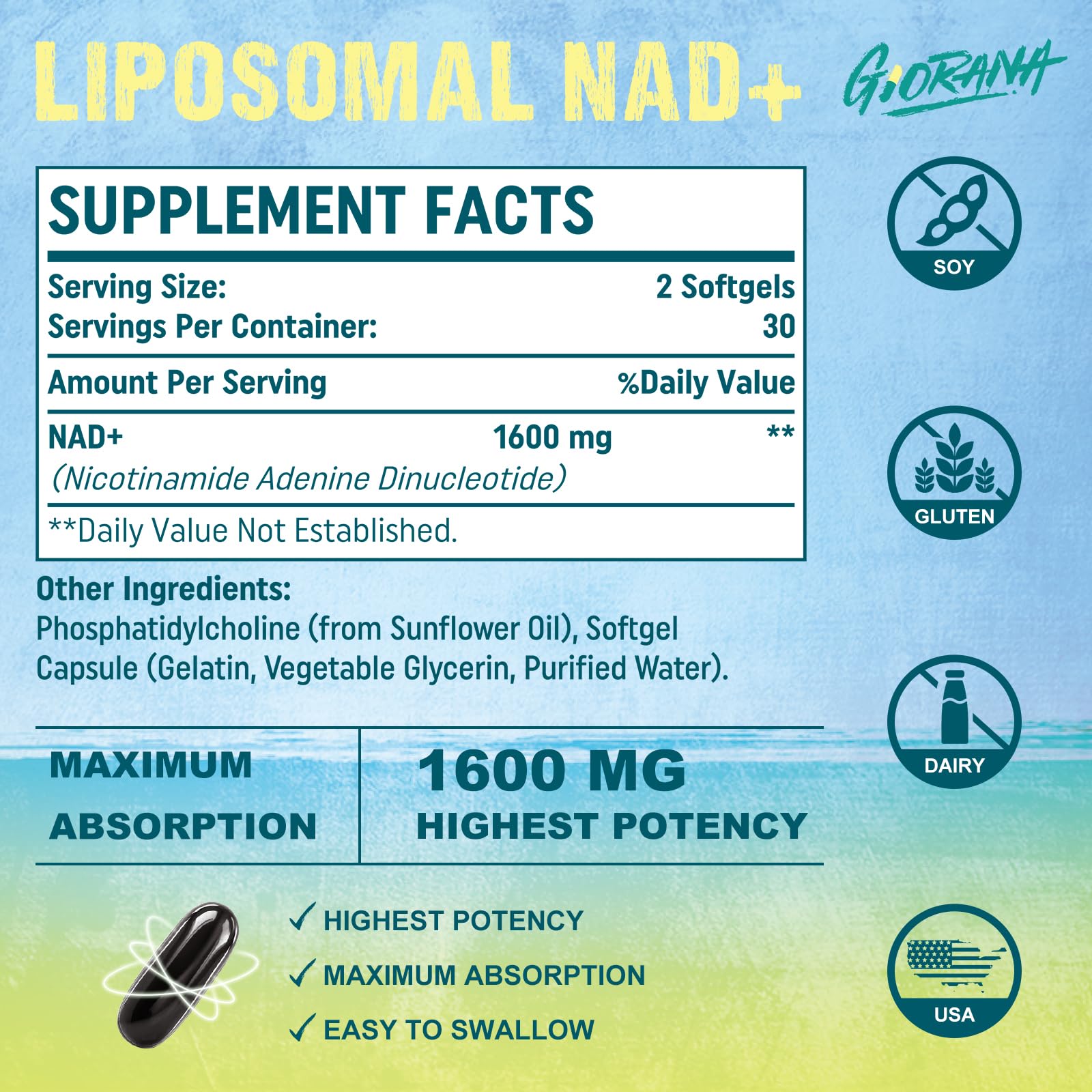 GIORANA 1600 MG Liposomal NAD+ Supplement, NAD+ Boosting Supplement, Superior Absorption, Vitamin B3 for Aging Defense, Longevity, Energy, Repair, Non-GMO, 60 Softgels GIORANABuy Supplements Australia