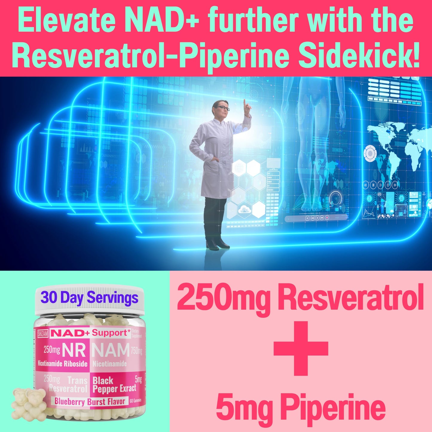 SHIZAM Nicotinamide Riboside NR NAM Resveratrol Gummies, 1000mg NAD+ NAD + Plus Nrf2 Activator Booster w Pure Niacinamide Vitamins B3 Capsules Pills Powder Supplements Alt NDA Regenerator 500mg SHIZAMBuy Supplements Australia