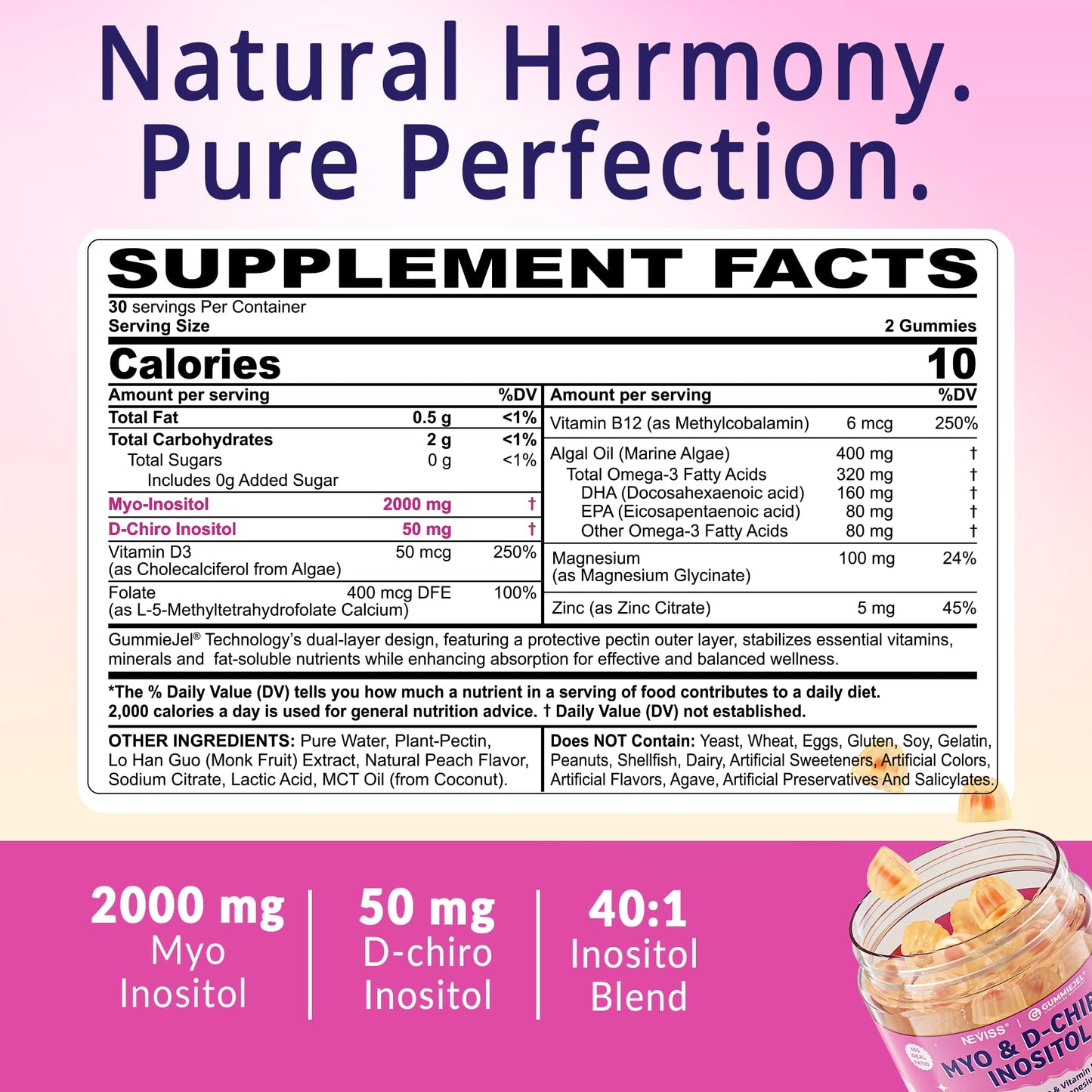 Myo-Inositol & D-Chiro Inositol, Hormone Balance for Women | Sugar Free Inositol Gummies w/Omega 3, MTHF Folate, Vitamin D3, B12, Magnesium & Zinc for Ovarian Health, Ideal 40:1 Ratio, Vegan, 60 Cts NEVISSBuy Supplements Australia