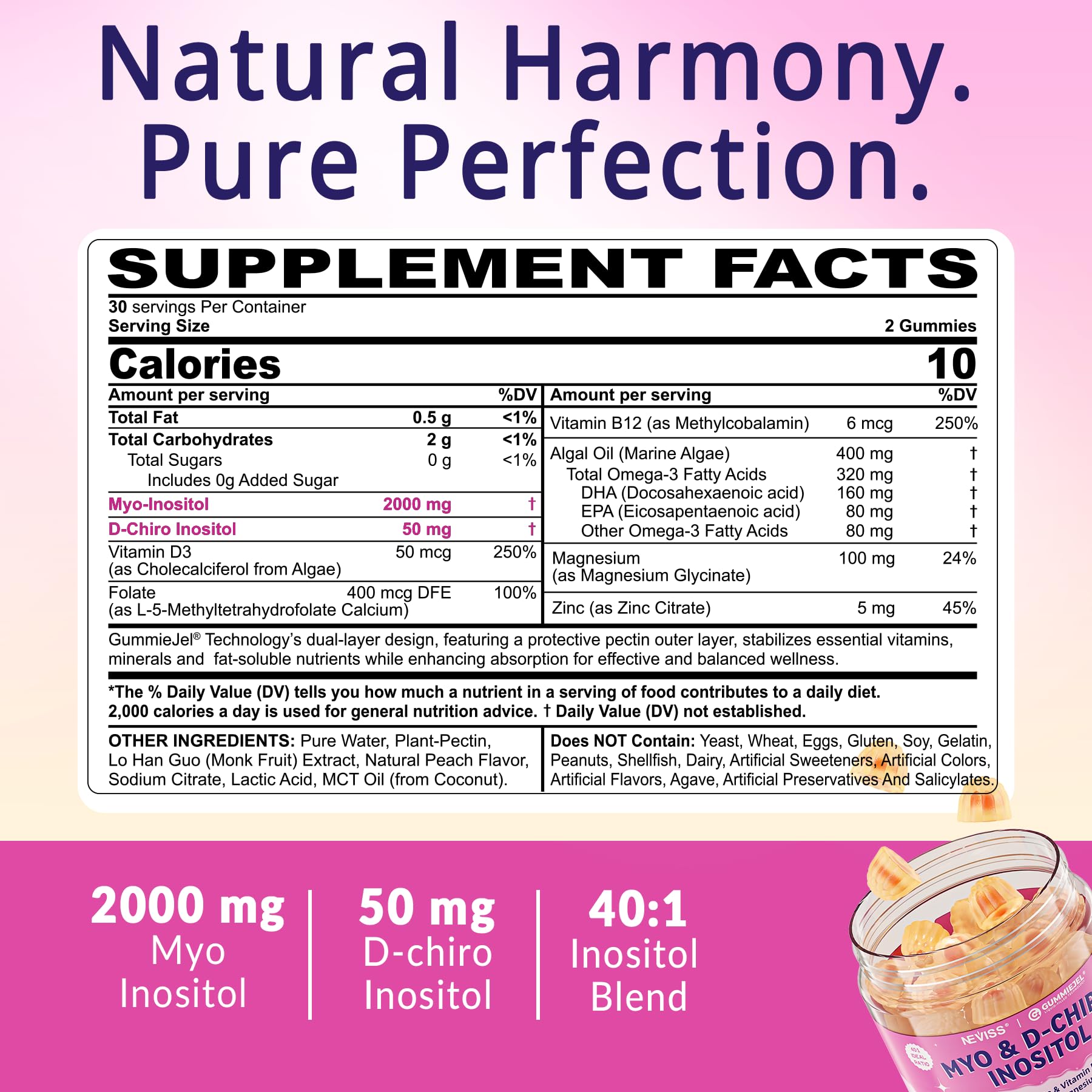 Myo-Inositol & D-Chiro Inositol, Hormone Balance for Women | Sugar Free Inositol Gummies w/Omega 3, MTHF Folate, Vitamin D3, B12, Magnesium & Zinc for Ovarian Health, Ideal 40:1 Ratio, Vegan, 60 Cts NEVISSBuy Supplements Australia