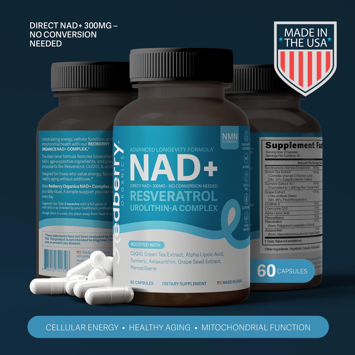 NAD Supplement with Direct NAD+ 300mg (NAD Plus) | Advanced Longevity Complex with Urolithin A & Resveratrol | NMN Alternative | 60 Capsules | Non-GMO, Gluten Free | Made in USA Redberry OrganicsBuy Supplements Australia