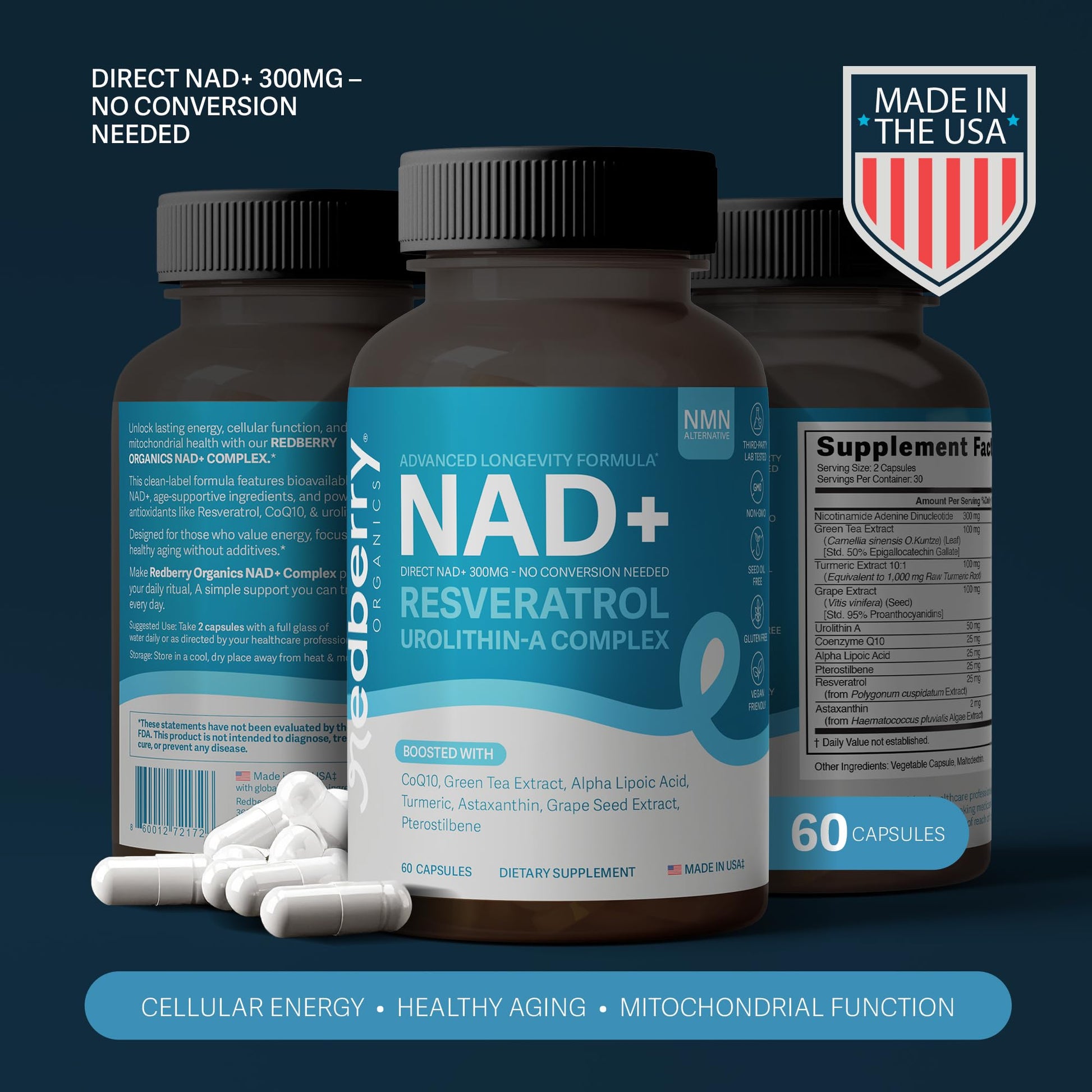 NAD Supplement with Direct NAD+ 300mg (NAD Plus) | Advanced Longevity Complex with Urolithin A & Resveratrol | NMN Alternative | 60 Capsules | Non-GMO, Gluten Free | Made in USA Redberry OrganicsBuy Supplements Australia