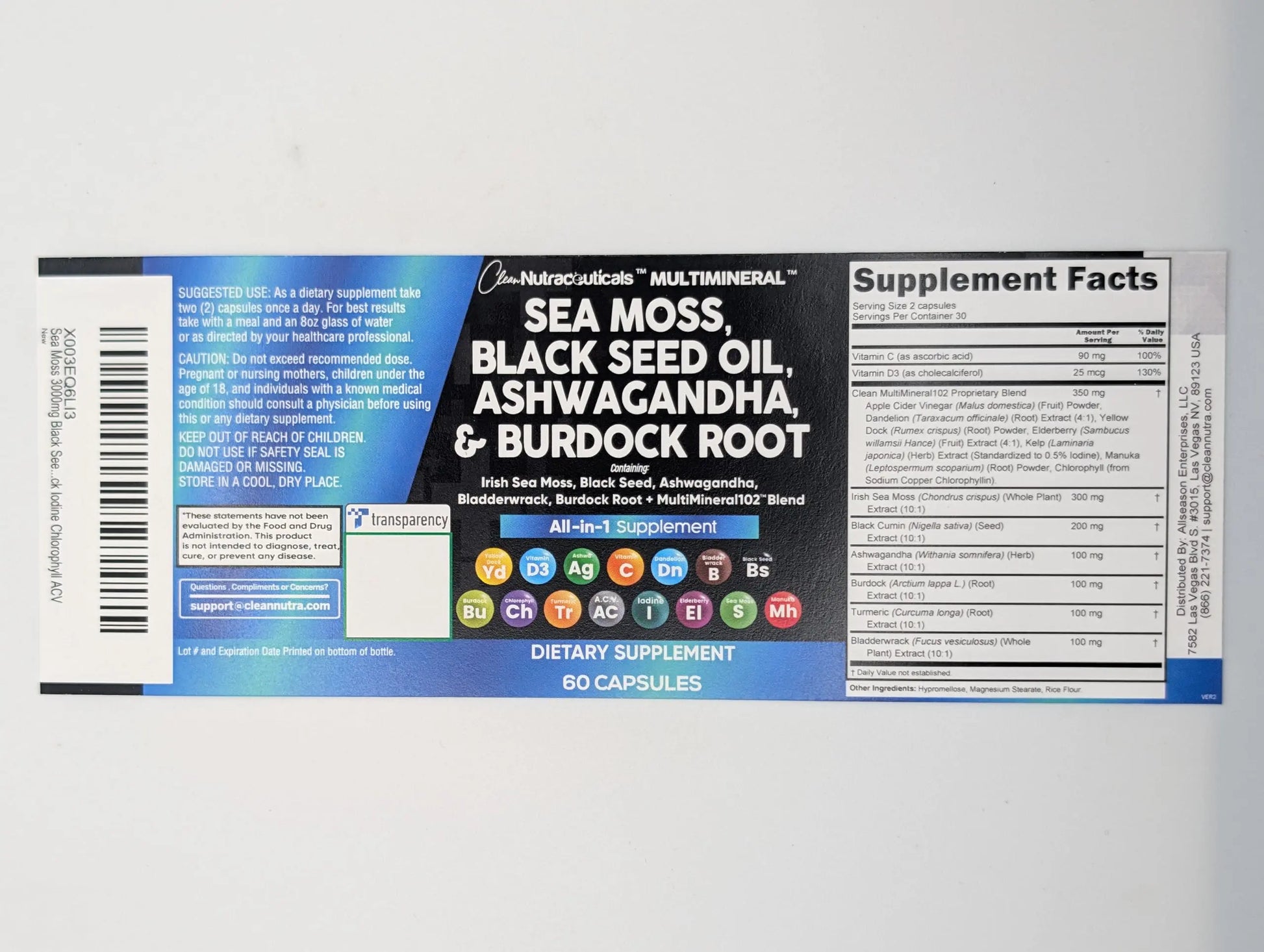 Sea Moss Black Seed Oil Ashwagandha Turmeric Bladderwrack Burdock & Vitamin C Vitamin D3 with Elderberry Manuka Dandelion Yellow Dock Iodine Chlorophyll ACV - 5Pack Clean Nutraceuticals buy supplements Au
