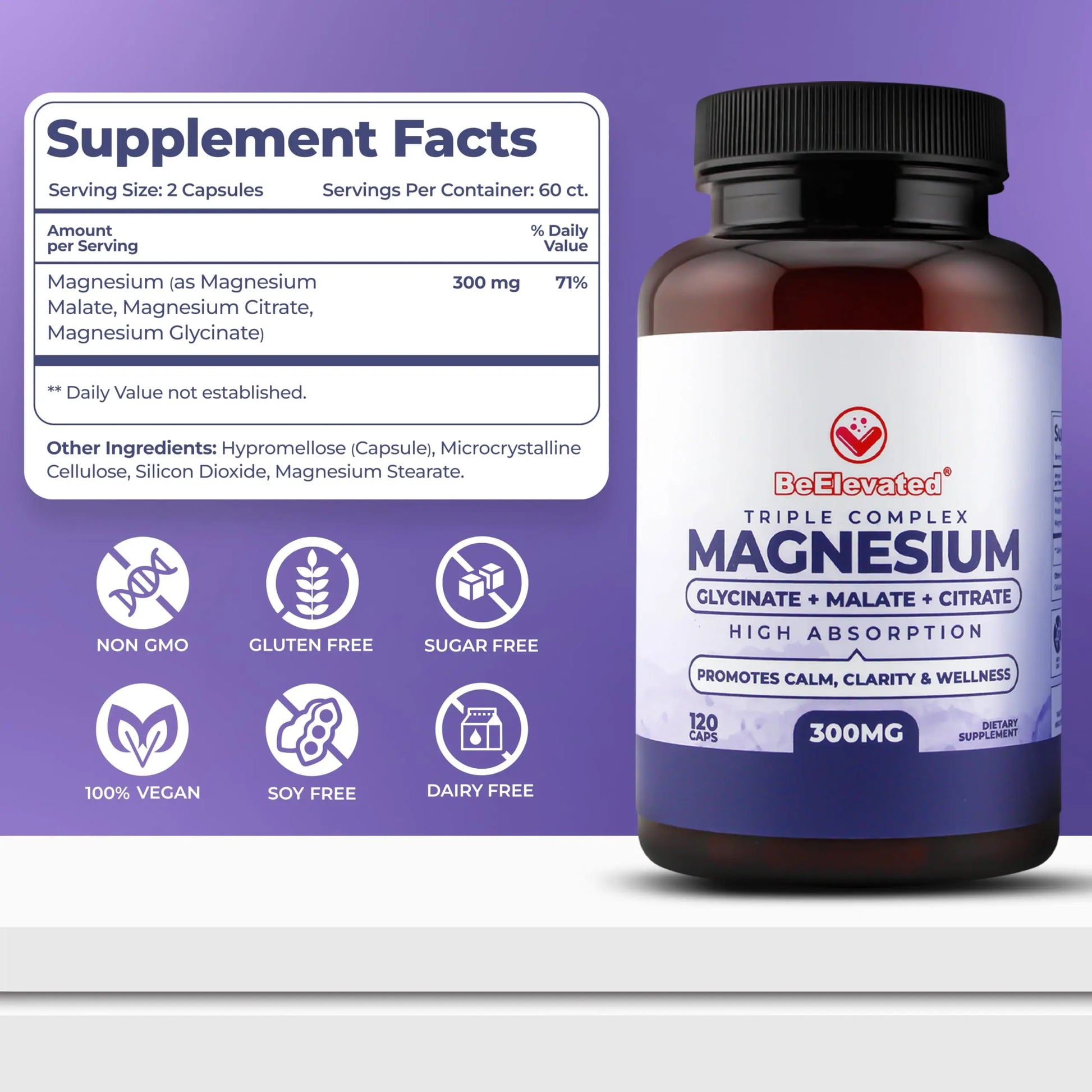 BeElevated High Absorption Triple Magnesium Complex for Sleep, Relaxation & Muscle Support – 300mg of Magnesium Glycinate, Citrate & Malate BeElevated
